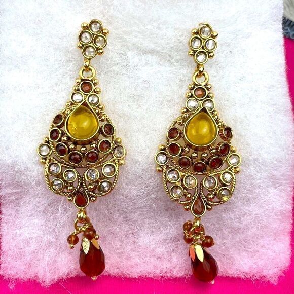 Kundan Polki Style gold tone, rhinestone and cabochon drop earrings - Picture 1 of 9